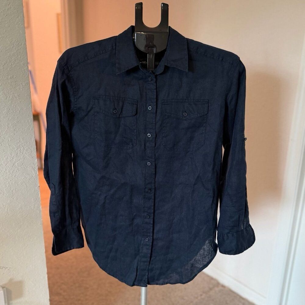 LAUREN Ralph Lauren Black Label 100% Linen Navy Blue Button Down Blouse Petite S